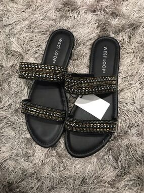 west loop Black Slide Sandals with Gold & Silver Beading Size: 9/10 L